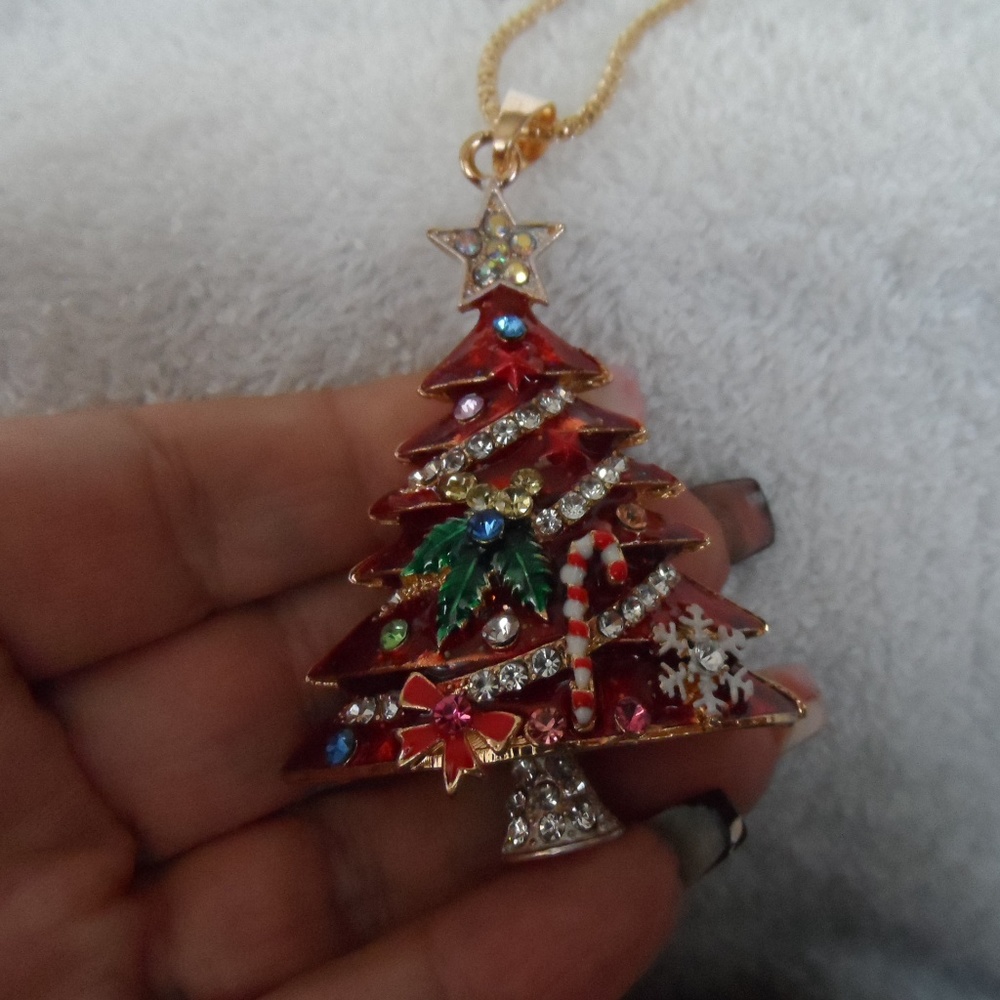 red enamel Christmas tree pendant necklace